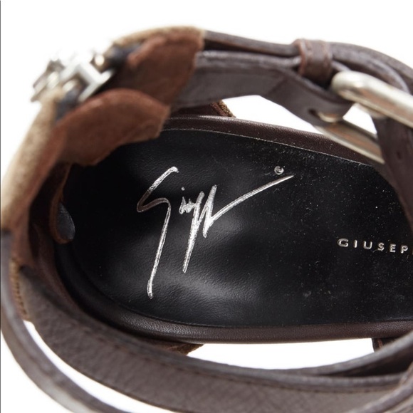 GIUSEPPE ZANOTTI dark brown strappy military green canvas high heel sandals - Picture 12 of 13